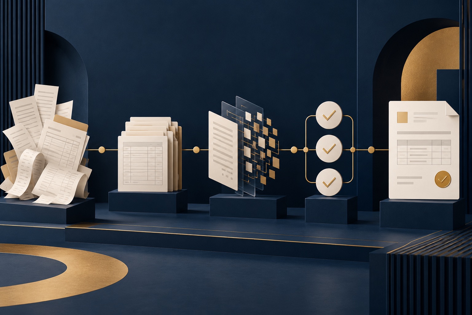 Illustrated flow from paper tax records to a validated electronic invoice