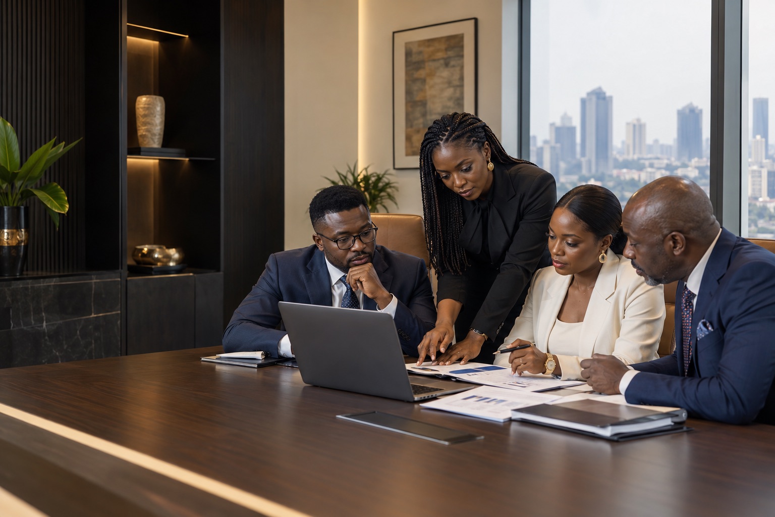 Nigerian advisers reviewing financial information together